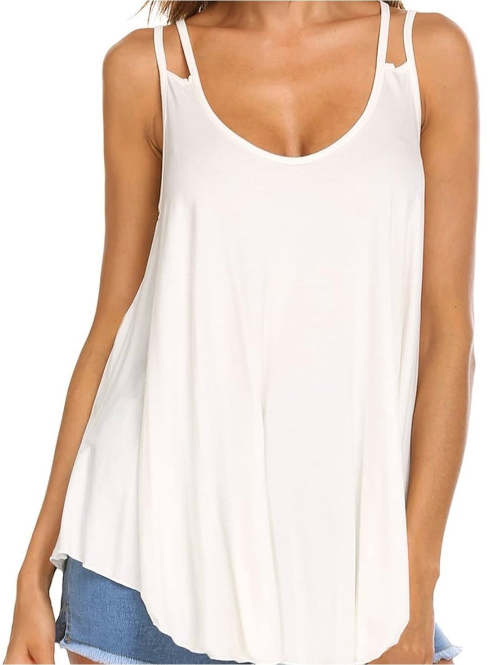 NEW-Women's LightWeight Double Spaghetti-Strap Sexy Scoop-Neck TankTop White LG
